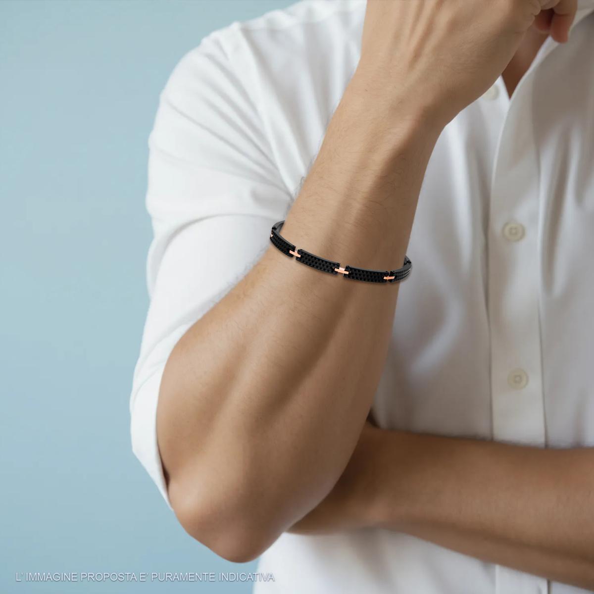 Bracciale Uomo Maglia Imperniata Nero e Rosa con effetto Pneumatico in ACCIAIO