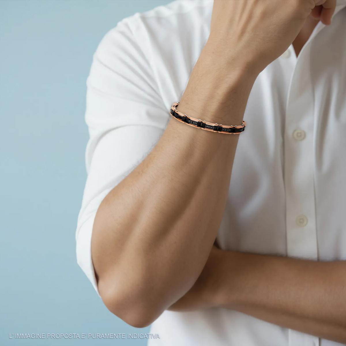 Bracciale Uomo Maglia Imperniata con dettaglio colore Rosa e Crystal Neri in ACCIAIO colore Nero