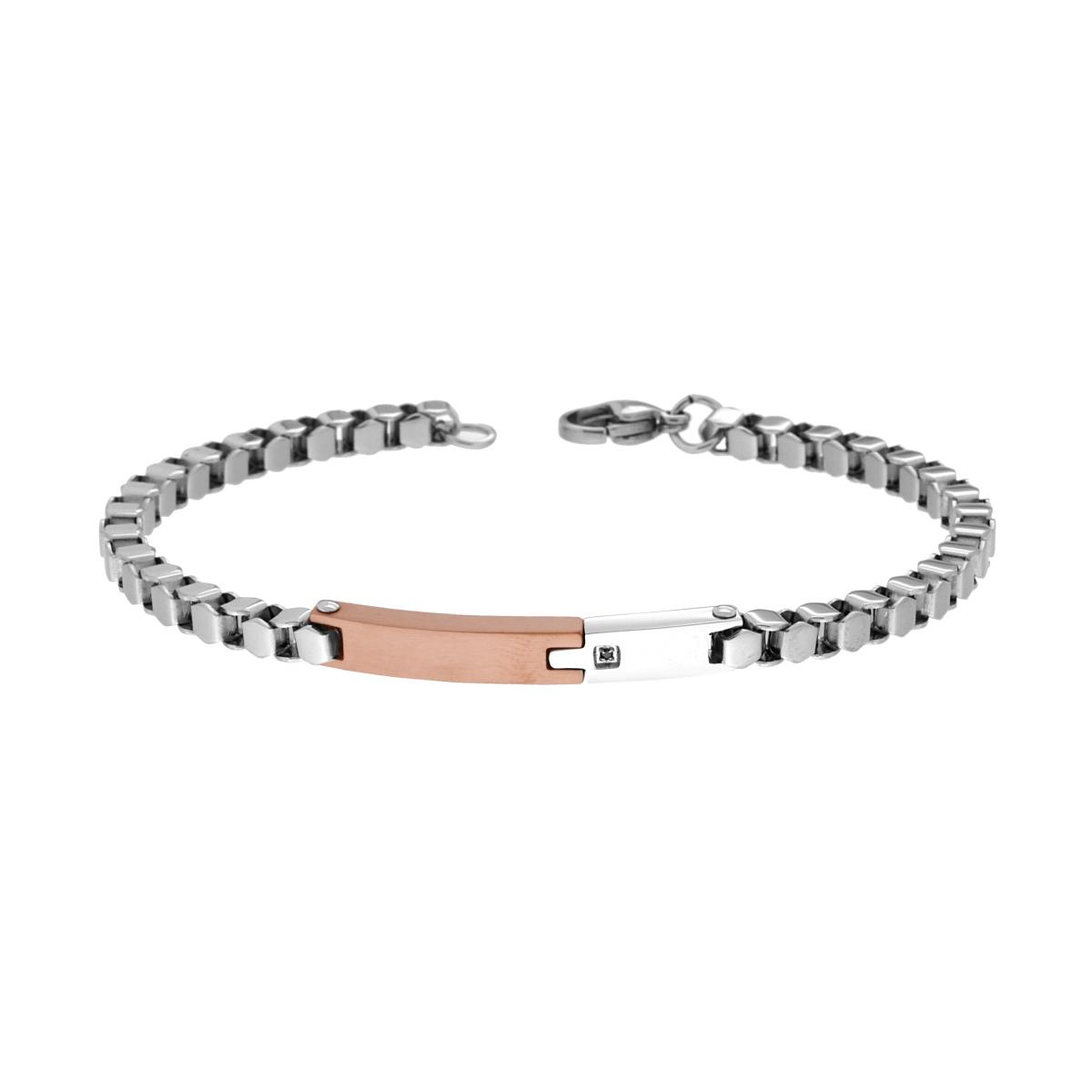 Bracciale Uomo Catena Veneziana con Targa Rosa e Crystal Nero in ACCIAIO