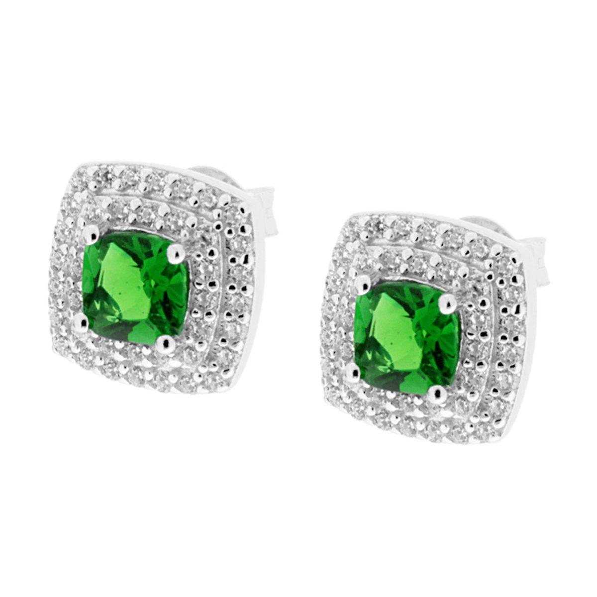 Parure Set Ciondolo e Orecchini Zircone Quadrato Verde Smeraldo contornato con Zirconi Bianco in ARGENTO 925 Galvanica Rodio