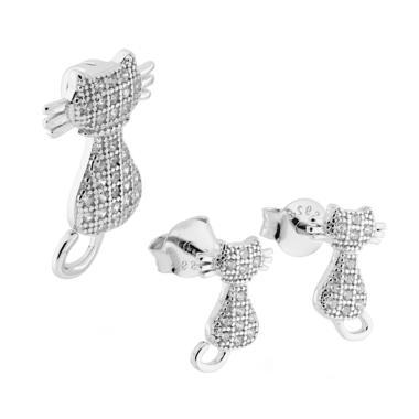 Parure Set Ciondolo e Orecchini Gatto con Zirconi Bianco in ARGENTO 925 Rodiato
