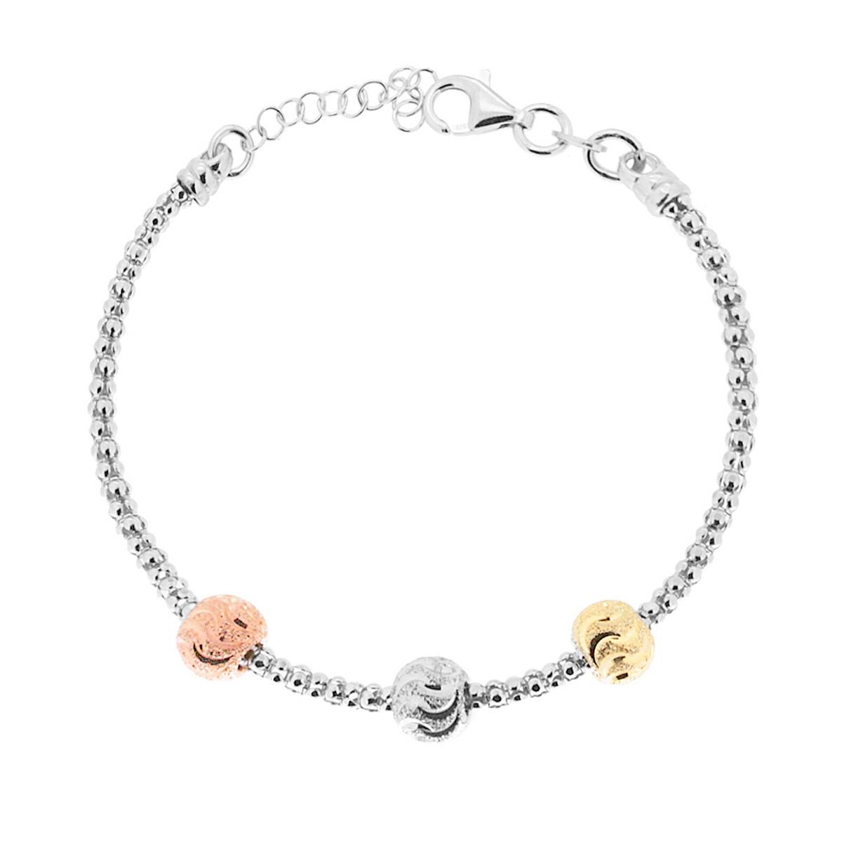 Bracciale Catena Coreana con Accessori Sfere Diamantate in ARGENTO 925 Galvanica Rodio Oro e Rosa