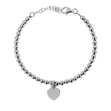 Bracciale Palline mm 4 e Cuore Pendente Plain in ARGENTO 925 Galvanica Rodio