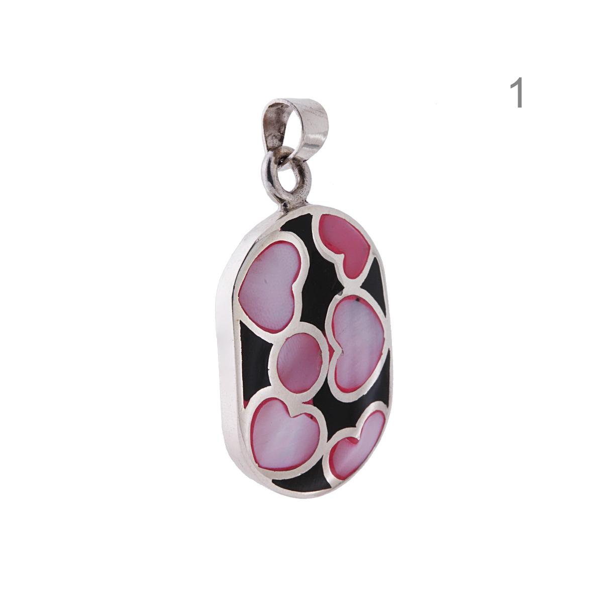 Ciondolo Ovale con Cuori Madreperla Rosa Bianco e Multicolor e Smalto Nero in ARGENTO 925