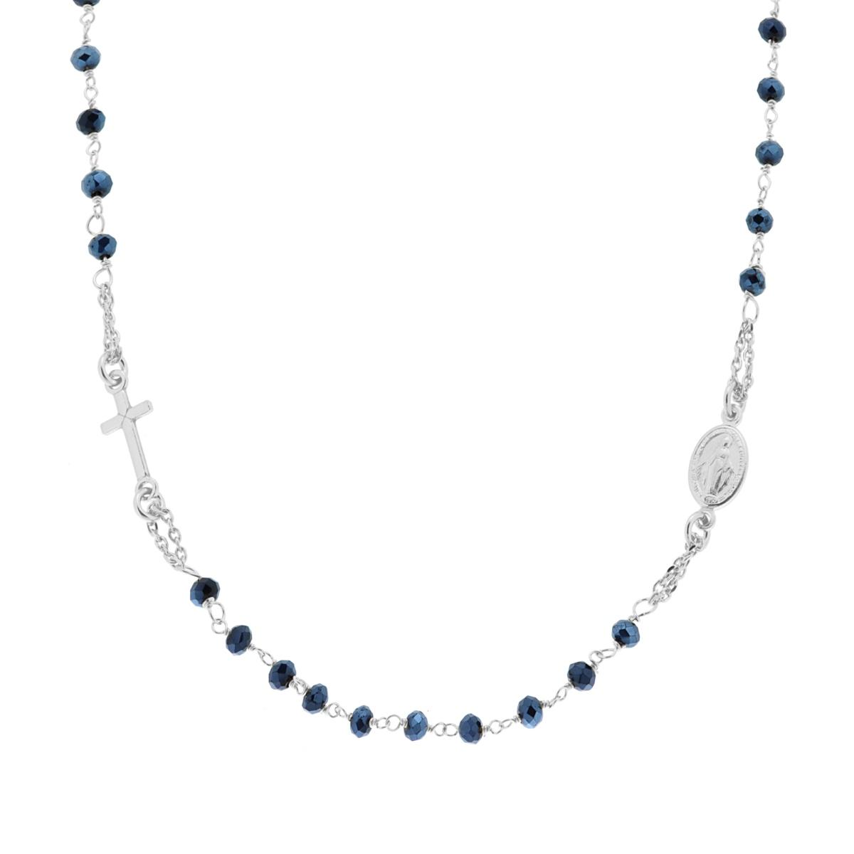 Collana Rosario cm 50 con Grani in Crystal mm 3.5 colore Blu in ARGENTO 925 Galvanica Rodio