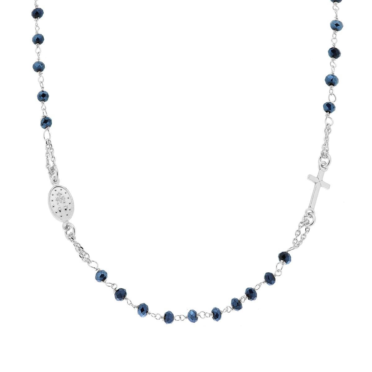 Collana Rosario cm 50 con Grani in Crystal mm 3.5 colore Blu in ARGENTO 925 Galvanica Rodio