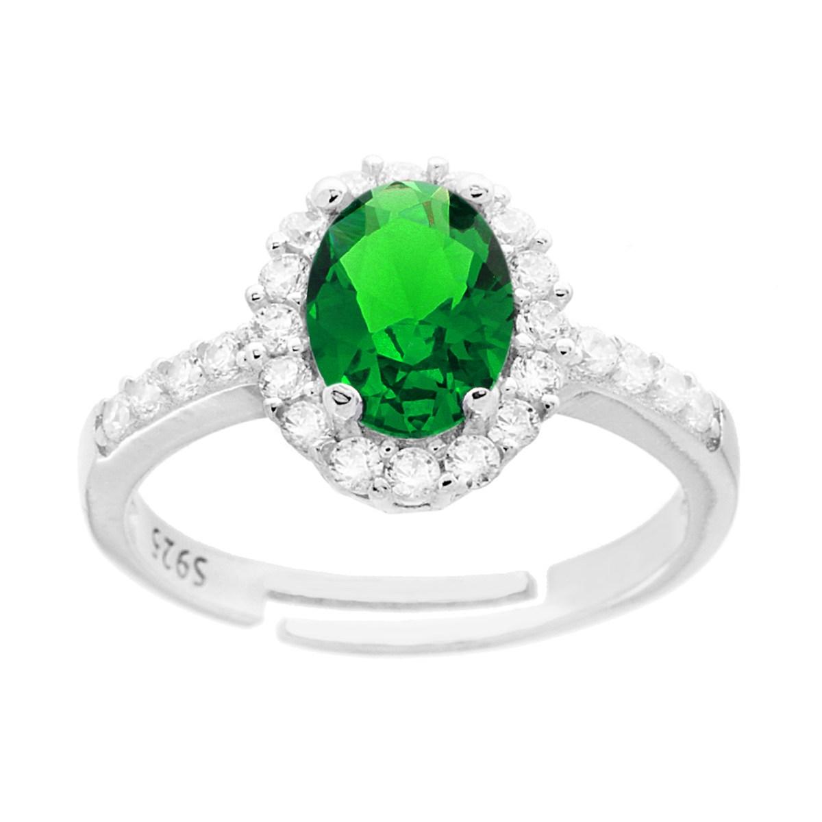 Anello Halo Solitario con Zircone ovale Verde Smeraldo contornato con Zirconi Bianchi in ARGENTO 925 Galvanica Rodio