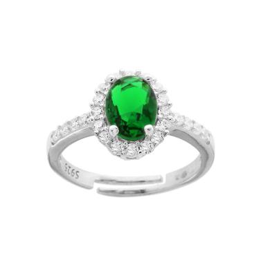 Anello Halo Solitario con Zircone ovale Verde Smeraldo contornato con Zirconi Bianchi in ARGENTO 925 Galvanica Rodio