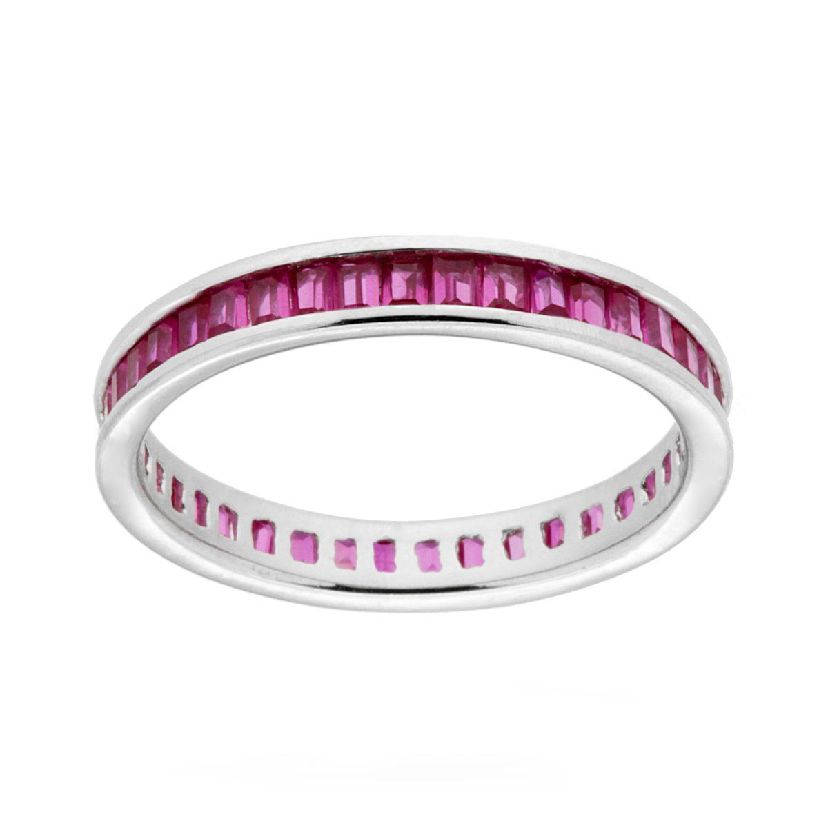 Anello Eternity Veretta con Cubic Zirconia Rosso Rubino taglio Baguette in ARGENTO 925 Galvanica Rodio