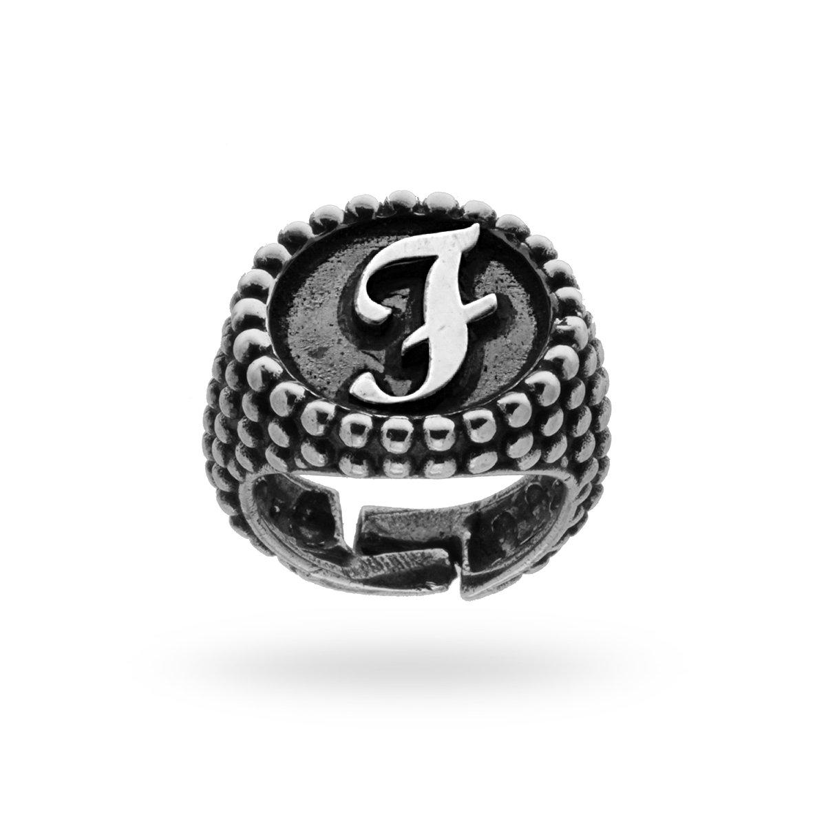 Anello Chevalier Rotondo Pallinato con Lettera Iniziale in rilievo in Argento 925 Brunito