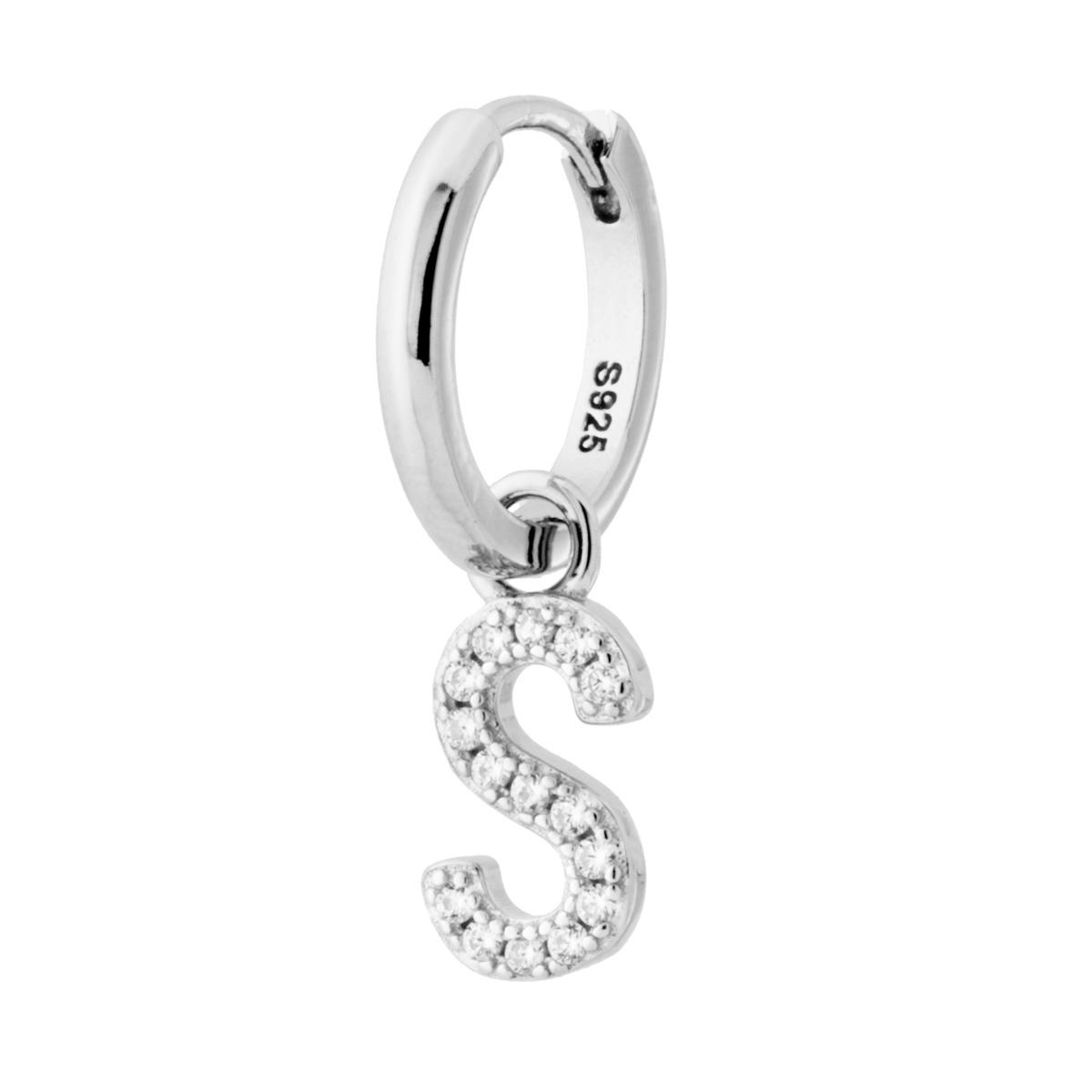 Orecchino Cerchio con Lettera e Zirconi Bianchi in ARGENTO 925 Galvanica Rodio