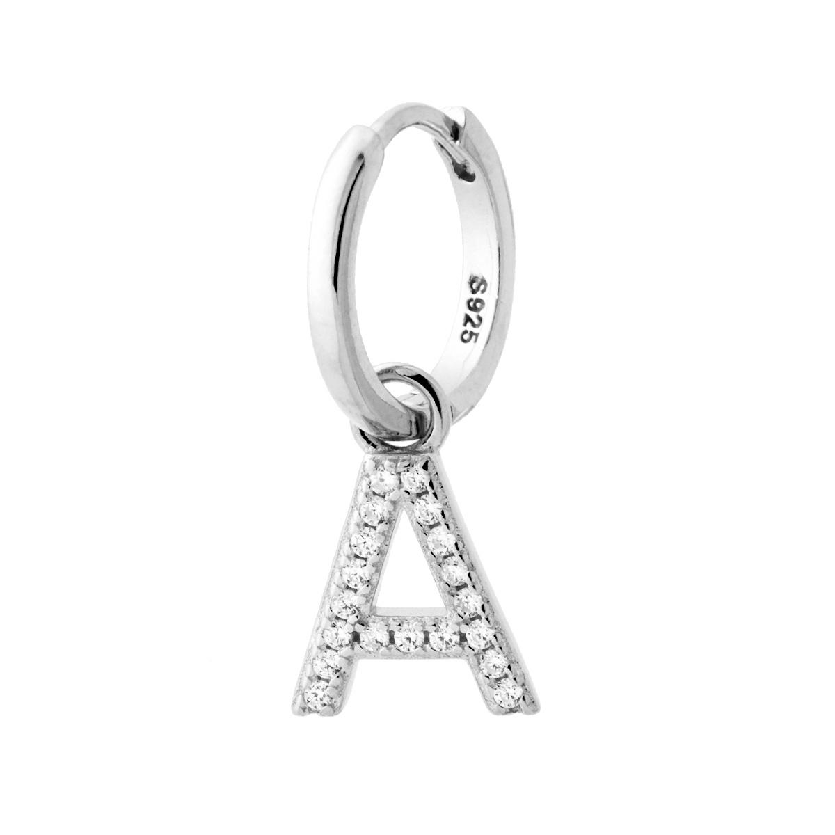 Orecchino Cerchio con Lettera e Zirconi Bianchi in ARGENTO 925 Galvanica Rodio