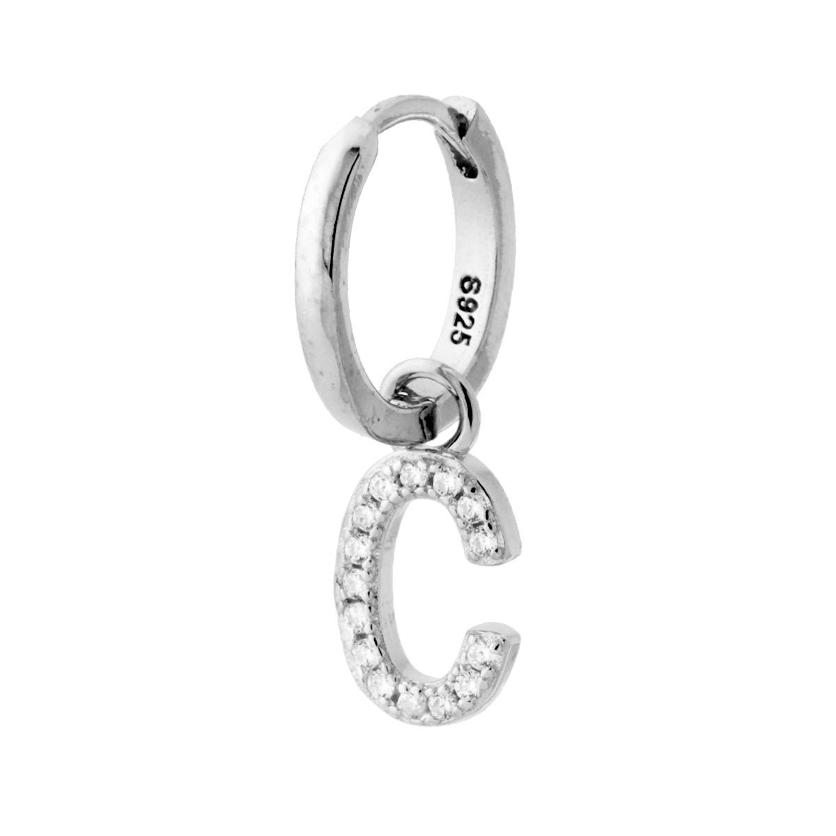 Orecchino Cerchio con Lettera e Zirconi Bianchi in ARGENTO 925 Galvanica Rodio