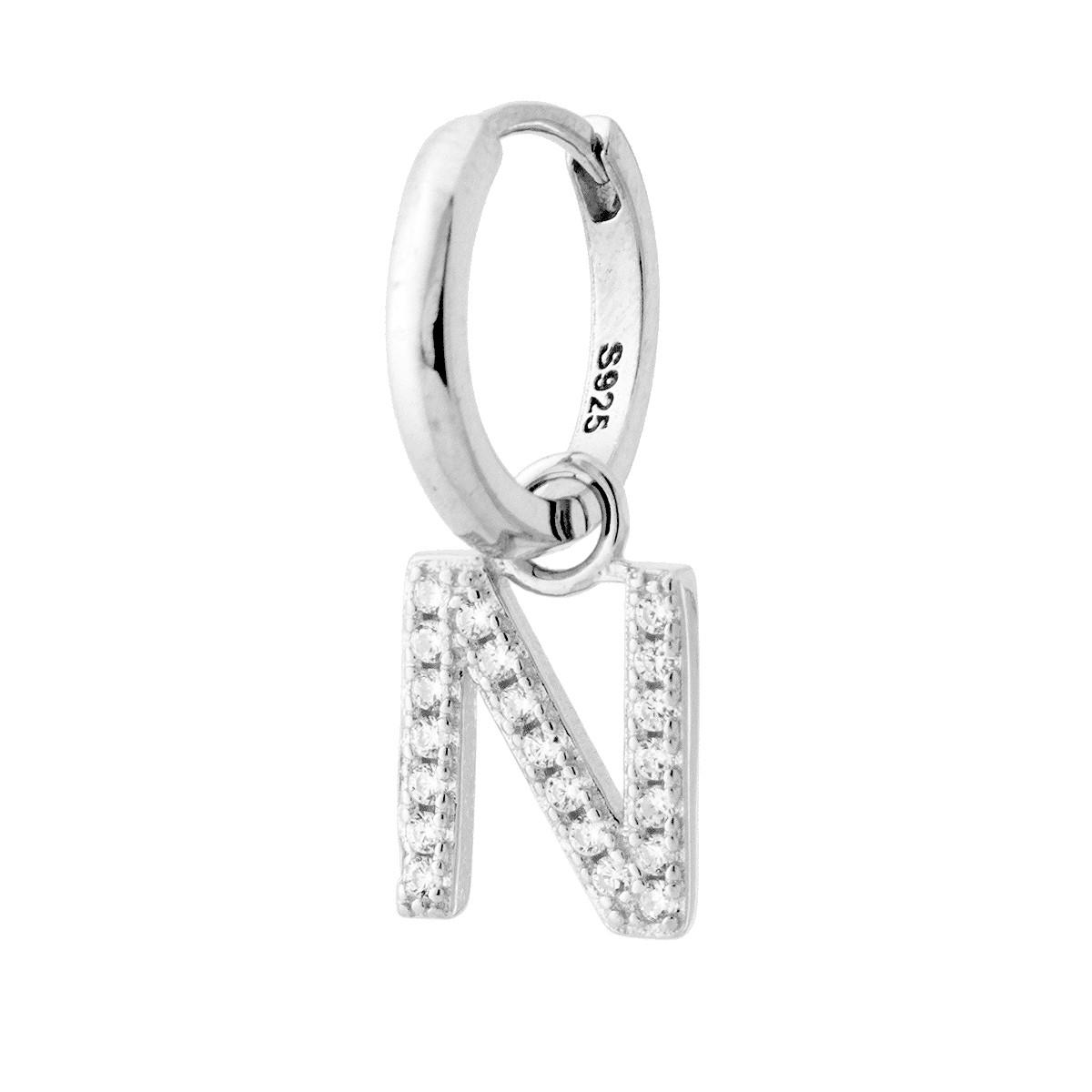 Orecchino Cerchio con Lettera e Zirconi Bianchi in ARGENTO 925 Galvanica Rodio