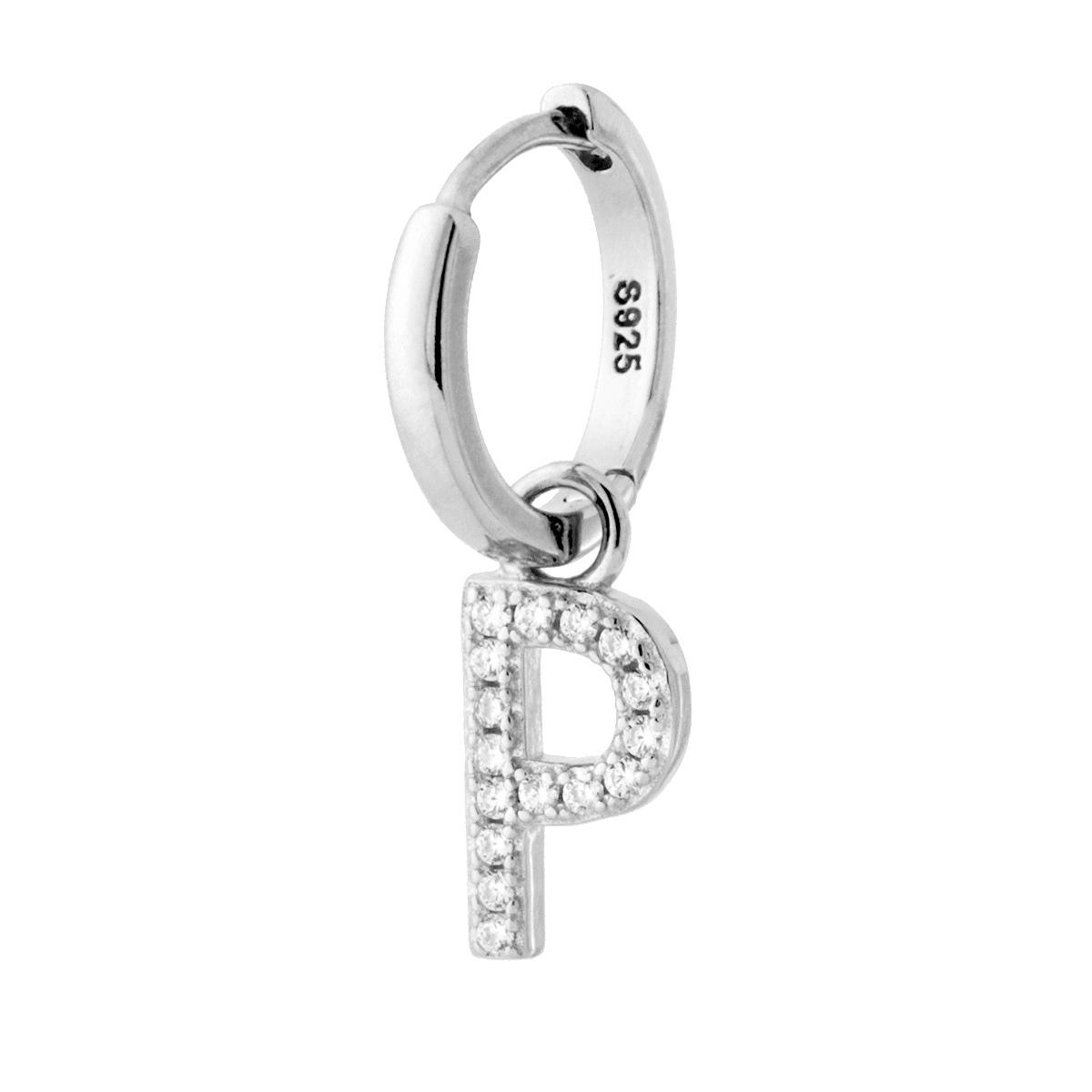 Orecchino Cerchio con Lettera e Zirconi Bianchi in ARGENTO 925 Galvanica Rodio