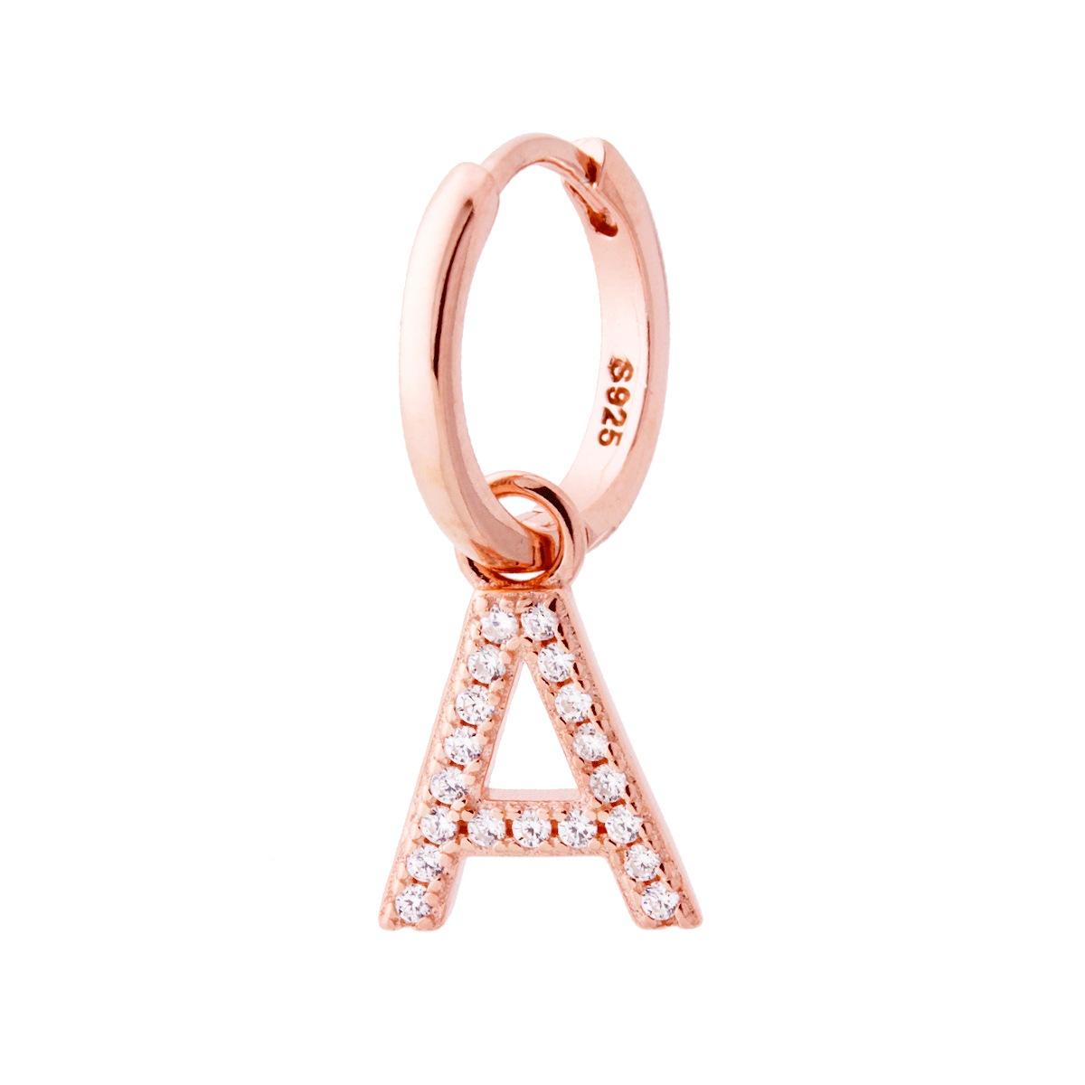 Orecchino Cerchio con Lettera e Zirconi Bianchi in ARGENTO 925 Galvanica Rosa