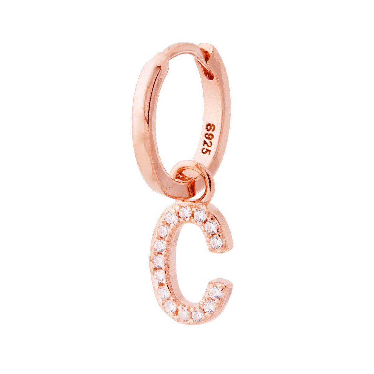 Orecchino Cerchio con Lettera e Zirconi Bianchi in ARGENTO 925 Galvanica Rosa