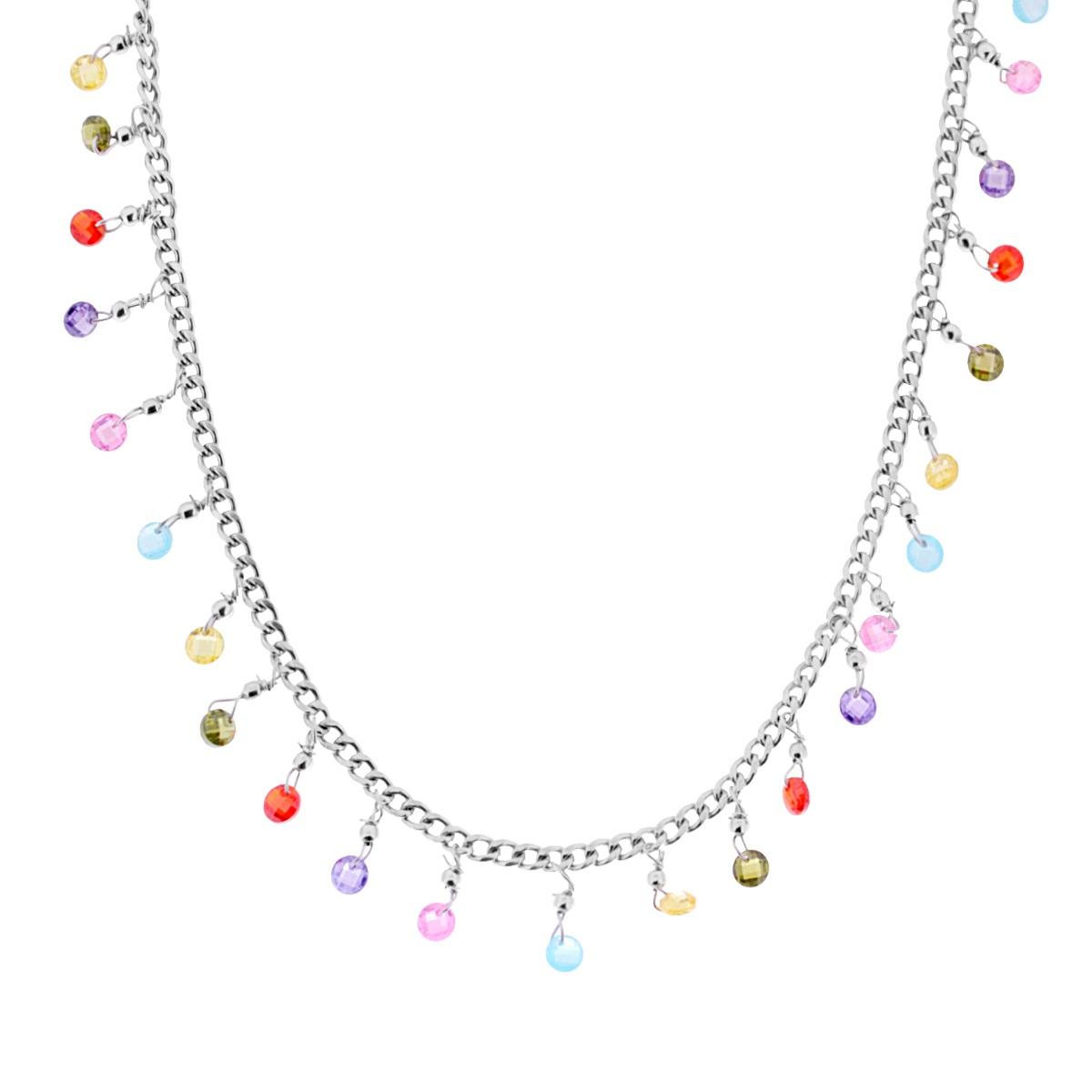Collana Catena Grumetta con Crystal Multicolor Pendenti in ARGENTO 925 Galvanica Rodio