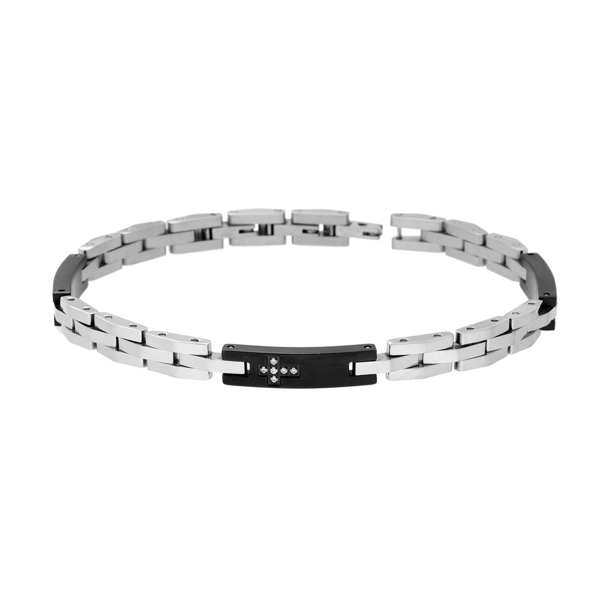 Bracciale Uomo Maglia Imperniata con Targhe in Ceramica Nera e Croce in Crystal Bianchi in ACCIAIO