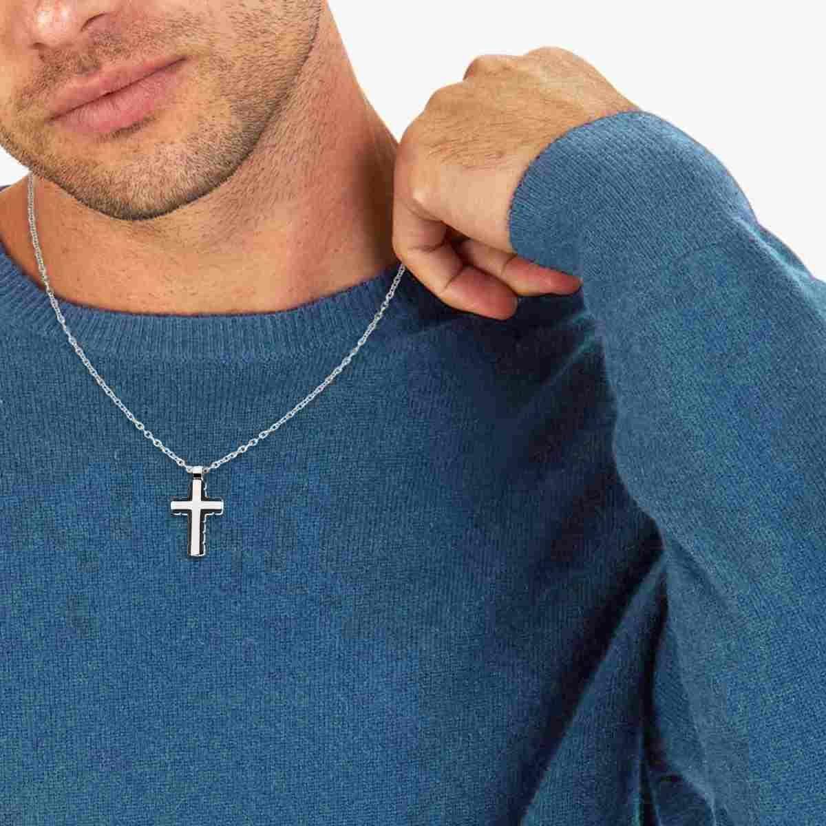 Collana Catena Forzatina con Croce Laccata Nero in ACCIAIO