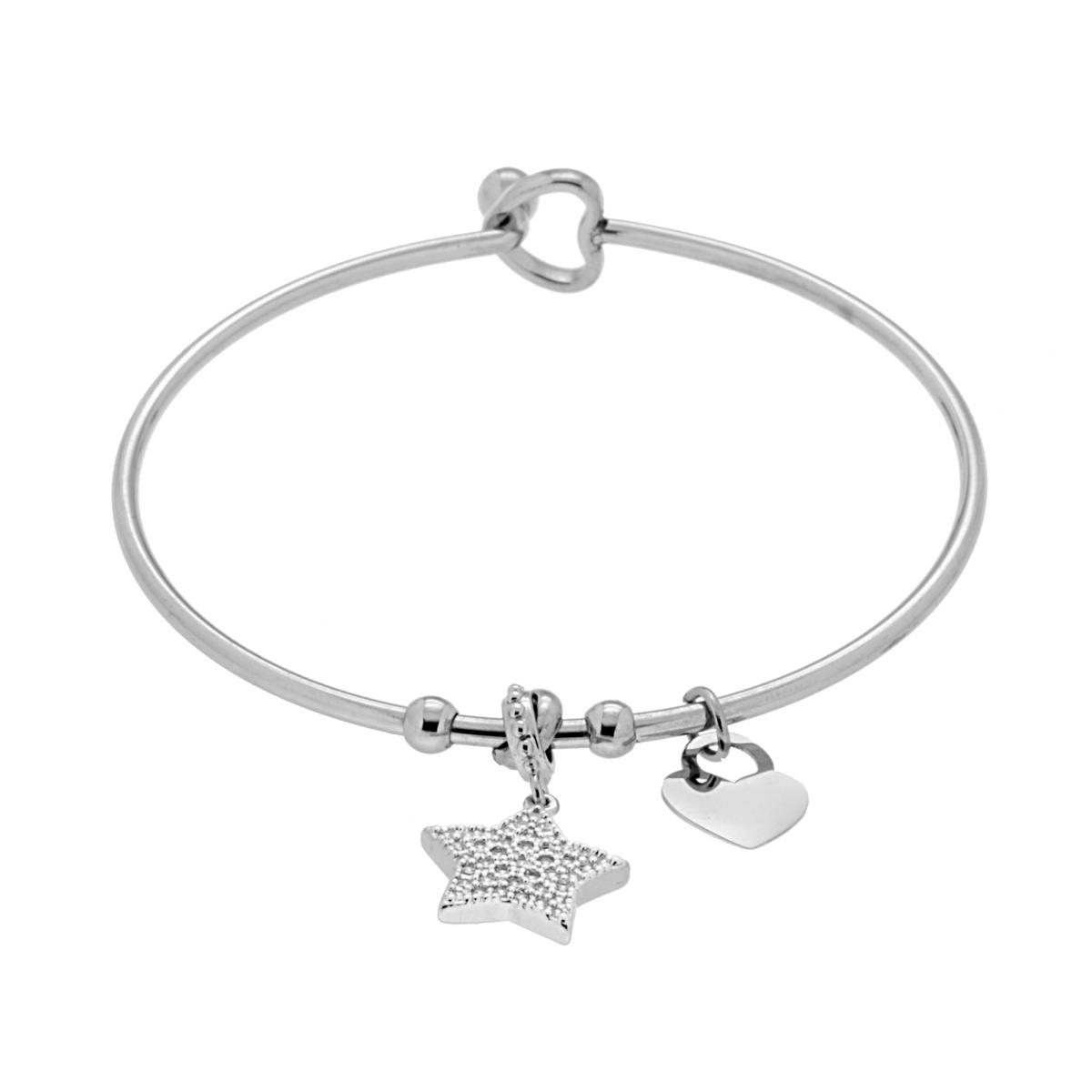 Bracciale Rigido Portafortuna con Charms Pendenti Stella con Zirconi Bianchi e Cuore plain in ACCIAIO