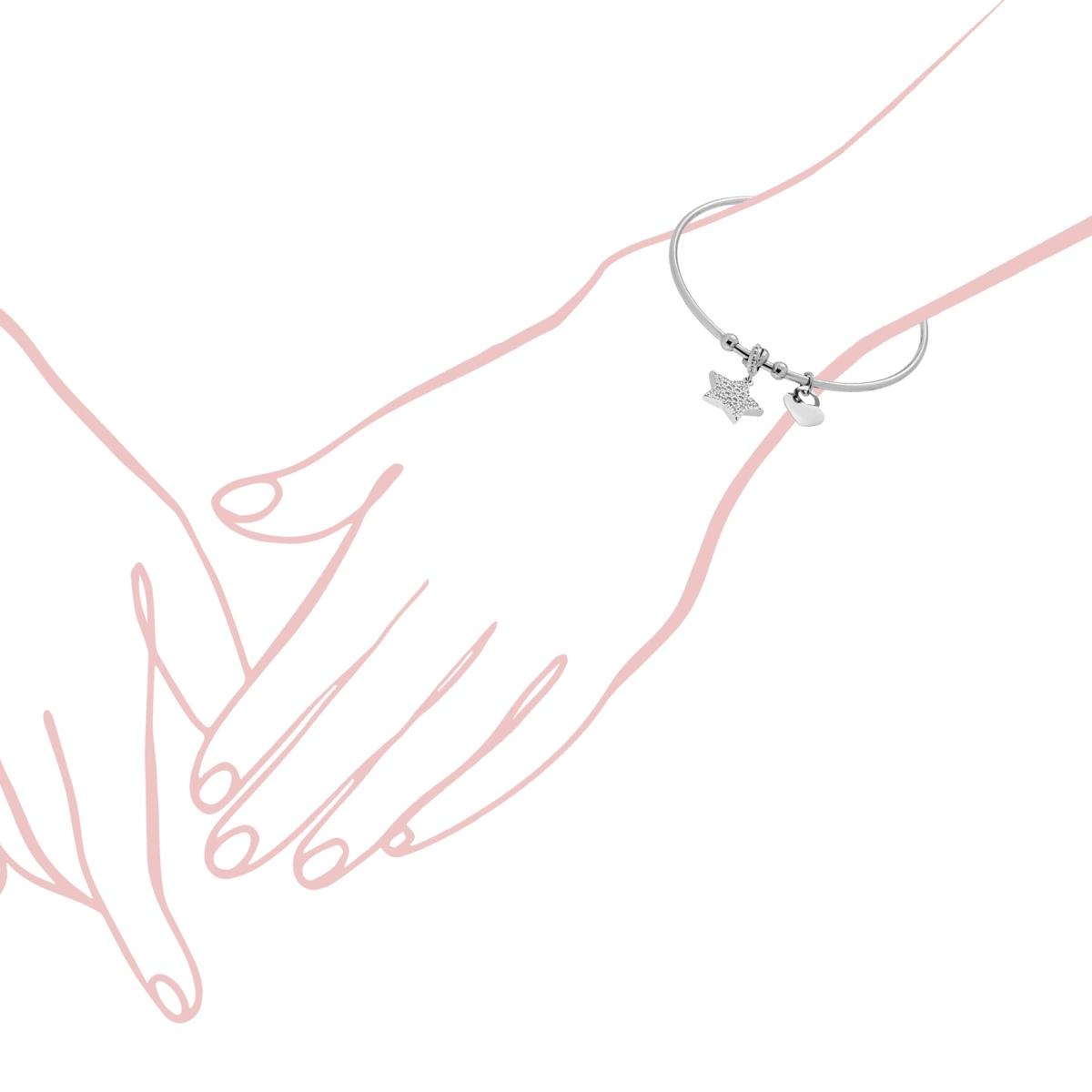 Bracciale Rigido Portafortuna con Charms Pendenti Stella con Zirconi Bianchi e Cuore plain in ACCIAIO