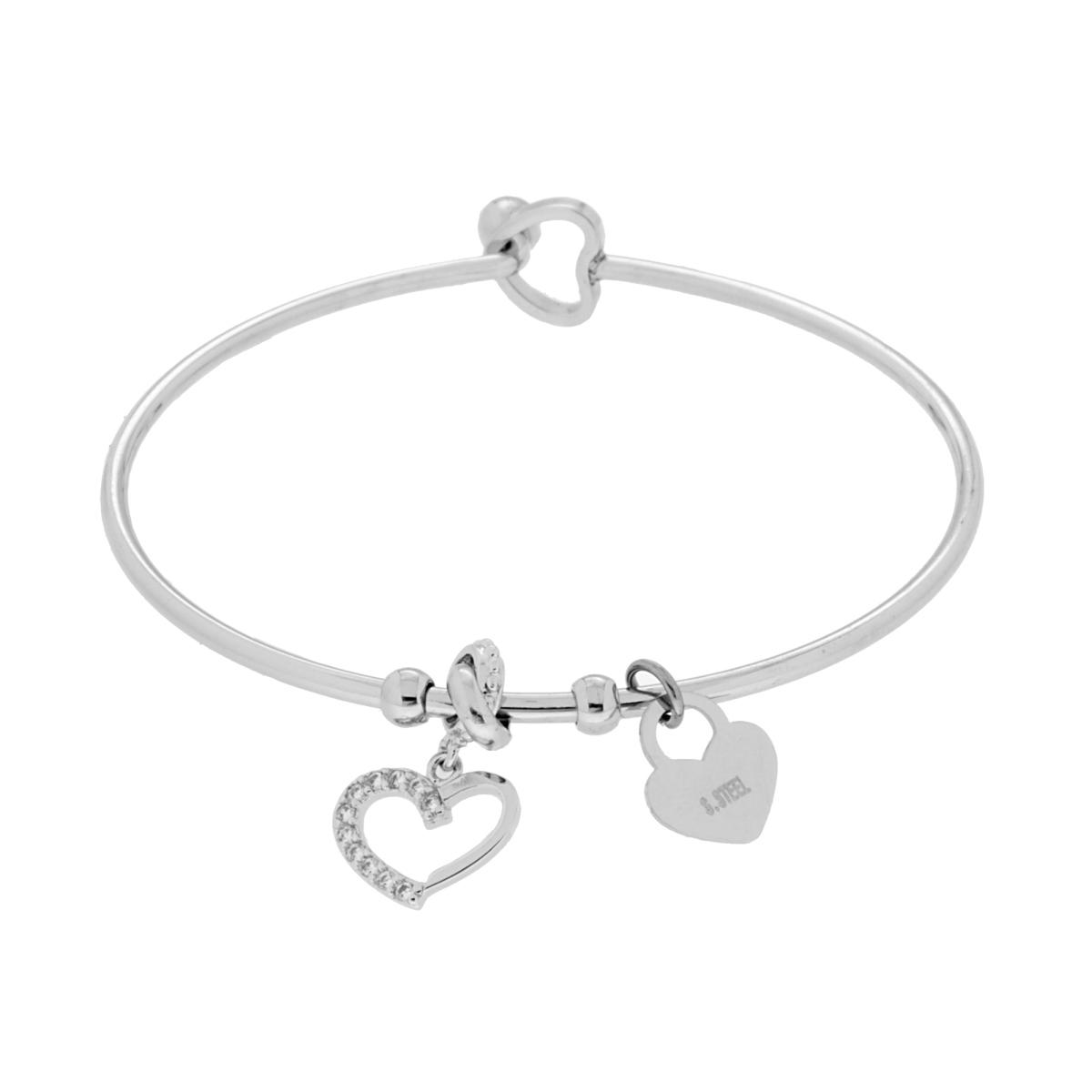 Bracciale Rigido Portafortuna con Charms Pendenti Cuore con Zirconi Bianchi e Cuore plain in ACCIAIO