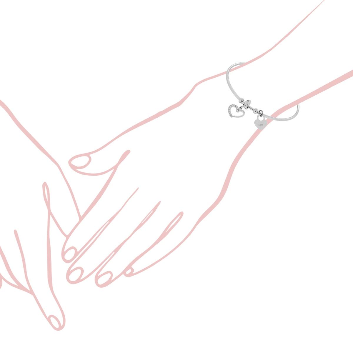Bracciale Rigido Portafortuna con Charms Pendenti Cuore con Zirconi Bianchi e Cuore plain in ACCIAIO