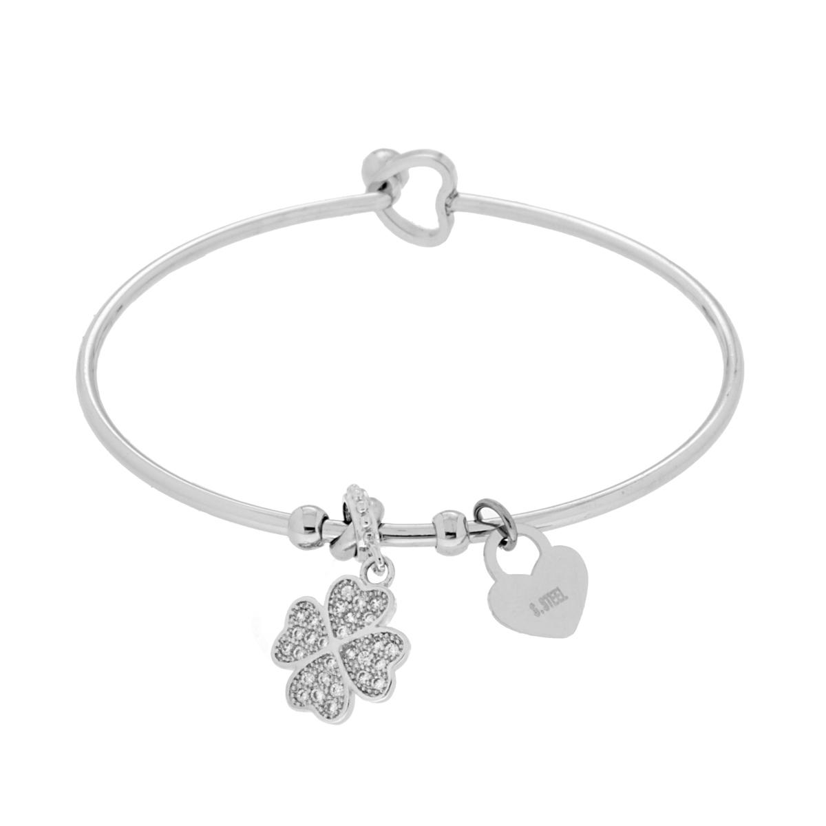 Bracciale Rigido Portafortuna con Charms Pendenti Qudrifoglio con Zirconi Bianchi e Cuore plain in ACCIAIO