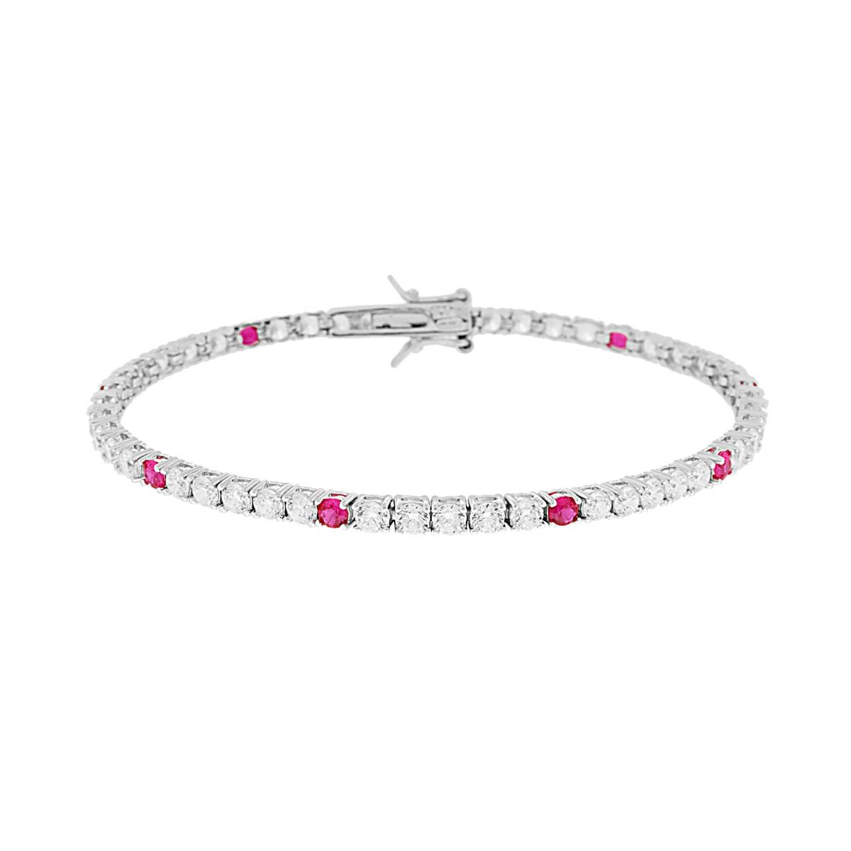 Bracciale Tennis Griffe cm 18 con Zirconi mm 3 Bianchi e Rosso Rubino alternati in ARGENTO 925 Galvanica Rodio