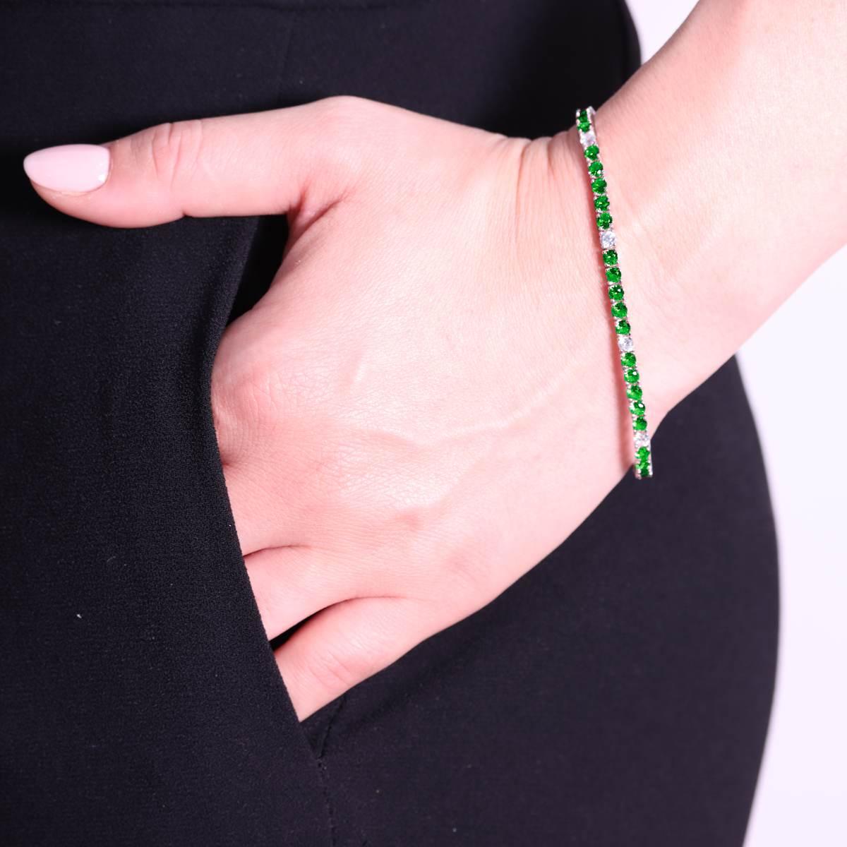 Bracciale Tennis Griffe cm 18 con Zirconi mm 3 Verde Smeraldo e Bianco alternati in ARGENTO 925 Galvanica Rodio