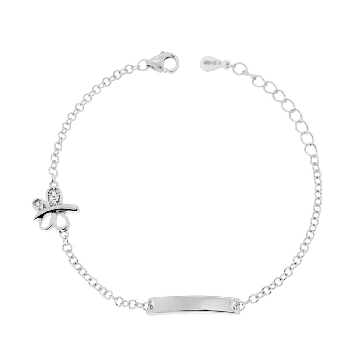 Bracciale Catena Rolo con Targa plain e Farfalla con Zirconi Bianchi in ARGENTO 925 Galvanica Rodio