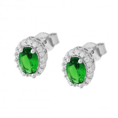 Orecchini forma Ovale con Zircone Verde Smeraldo contornato con Zirconi Bianchi in ARGENTO 925 Galvanica Rodio