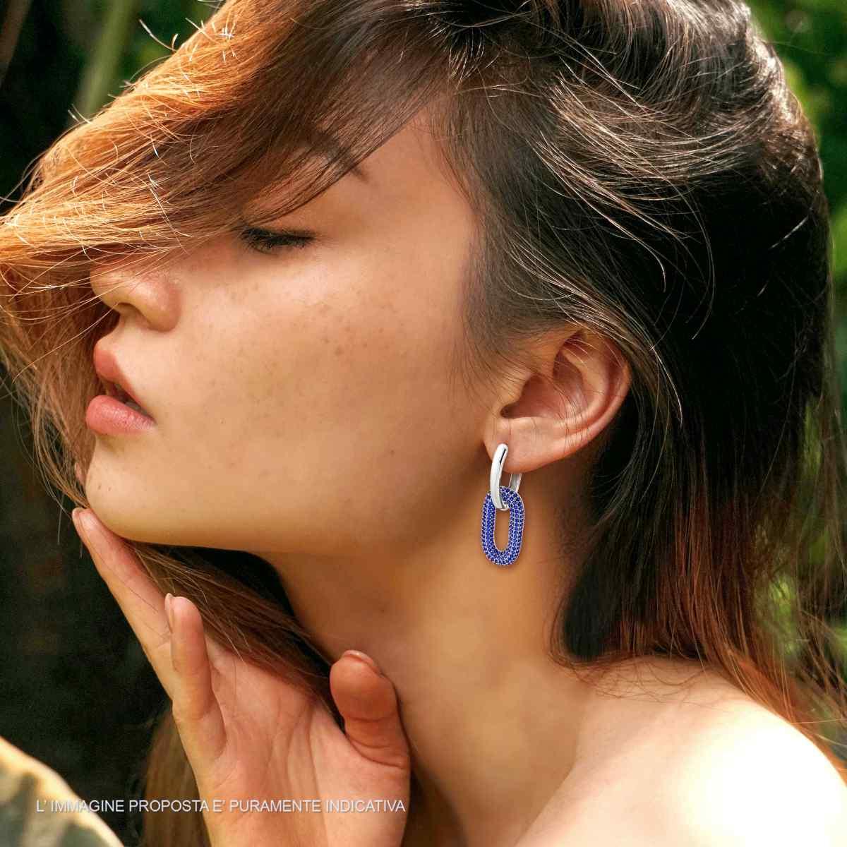 Orecchini Chiusura Inglese con Ovale pendente e Zirconi Blu Zaffiro in ARGENTO 925 Galvanica Rodio