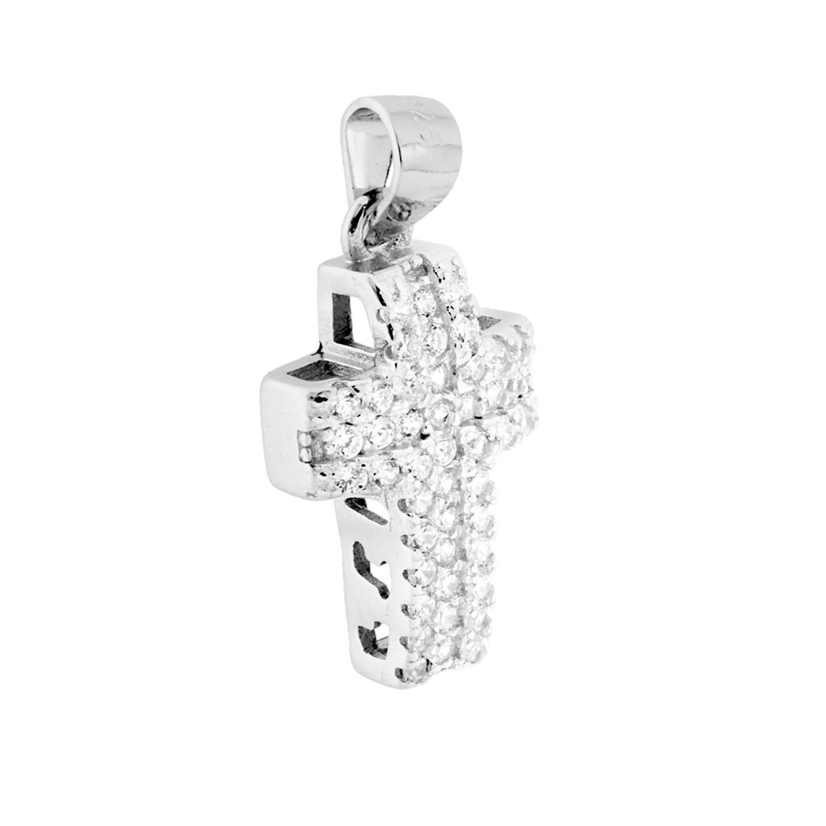 Ciondolo Croce Latina con Zirconi Bianchi in ARGENTO 925 Galvanica Rodio