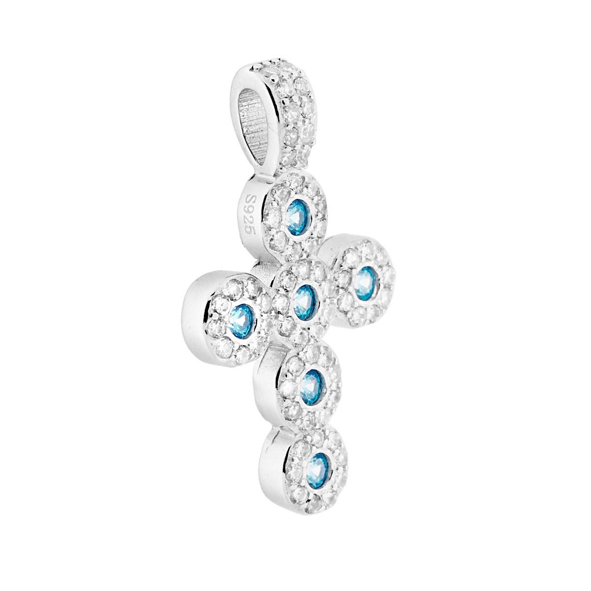 Ciondolo Croce Latina con Zirconi Acquamarina e Bianchi in ARGENTO 925 Galvanica Rodio