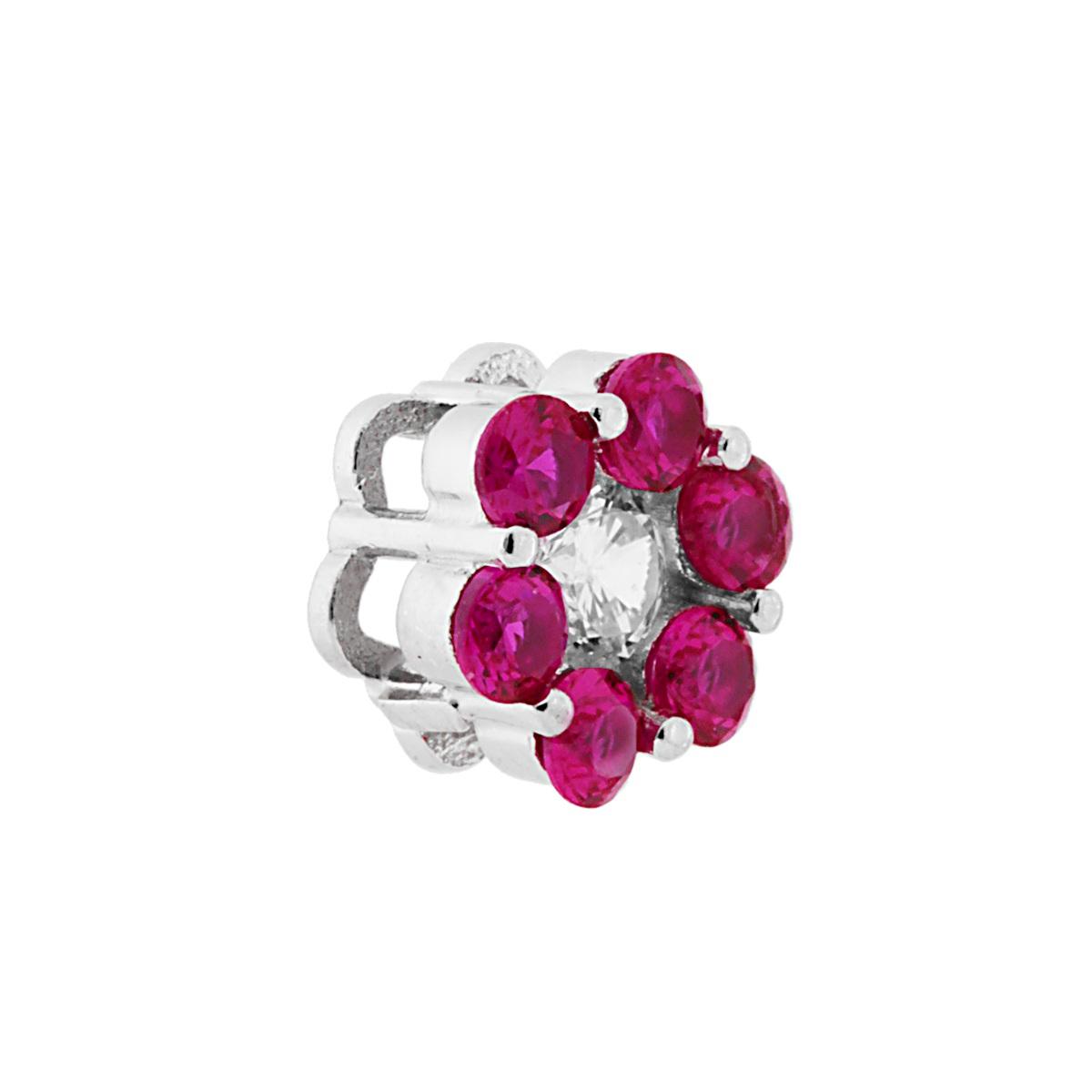 Ciondolo Fiore con petali Zirconi Rosso Rubino e centrale Zircone Bianco in ARGENTO 925 Galvanica Rodio