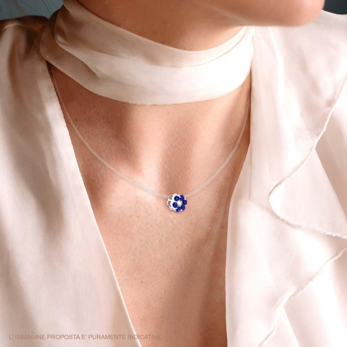 Ciondolo Fiore con petali Zirconi Blu Zaffiro e centrale Zircone Bianco in ARGENTO 925 Galvanica Rodio