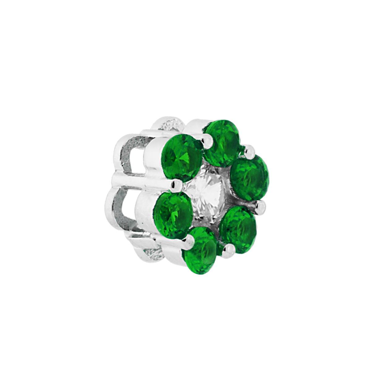 Ciondolo Fiore con petali Zirconi Verde Smeraldo e centrale Zircone Bianco in ARGENTO 925 Galvanica Rodio