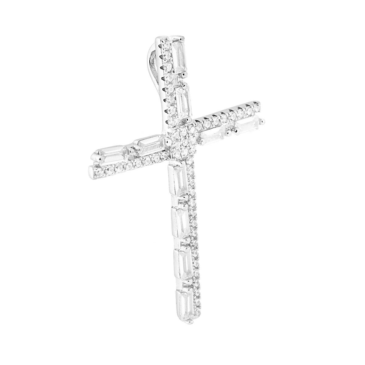 Ciondolo Croce con Zirconi Bianchi Baguette in ARGENTO 925 Galvanica Rodio