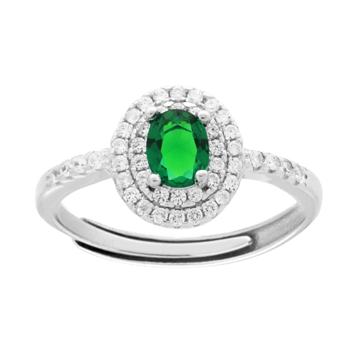 Anello Halo Solitario con Zircone ovale Verde Smeraldo contornato da Zirconi Bianchi in ARGENTO 925 Galvanica Rodio