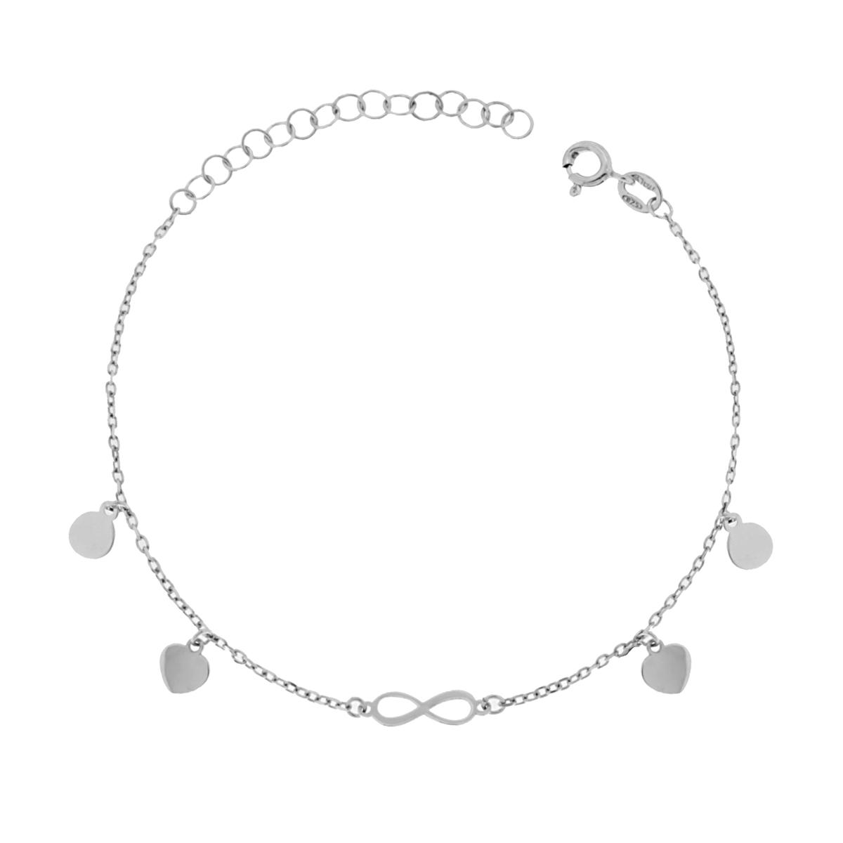 Bracciale Catena Forzatina con Cuori Tondi e Infinito Plain in ARGENTO 925 Rodiato