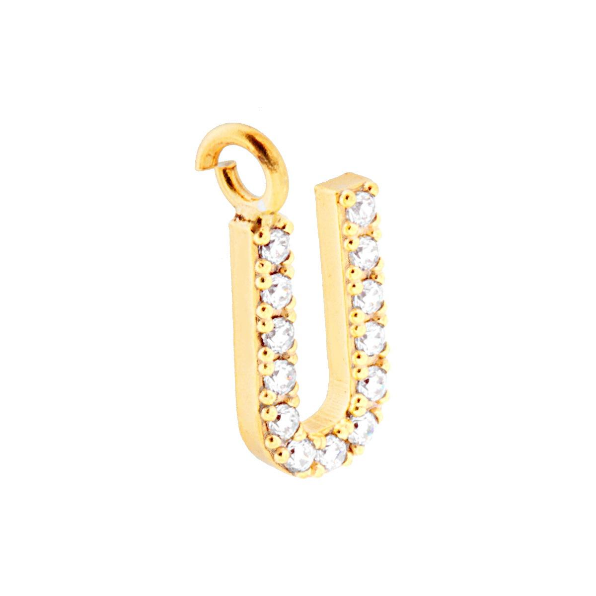 Ciondolo Lettera nome Iniziale 13 mm con Zirconi Bianchi in ARGENTO 925 Galvanica Oro