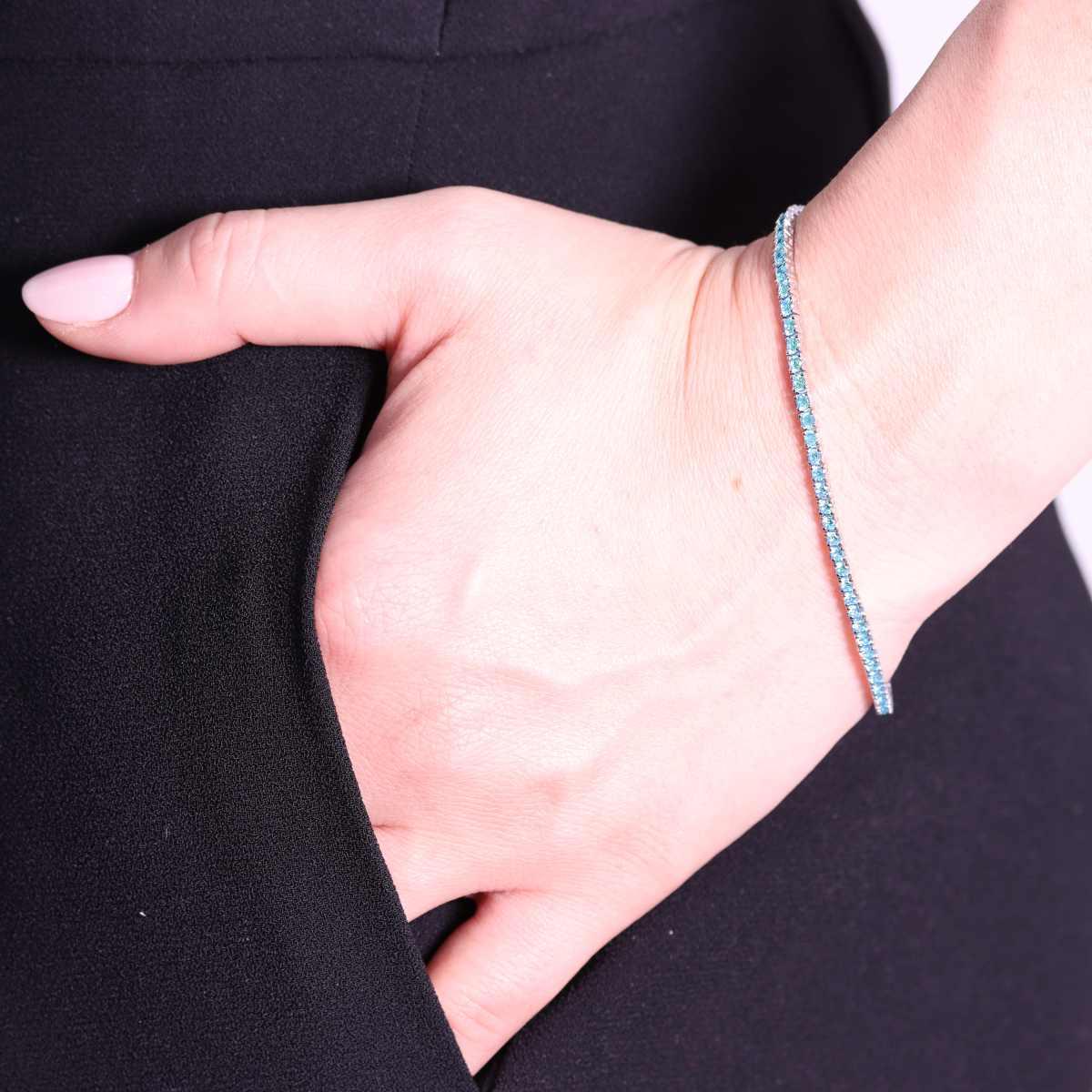 Bracciale Tennis Griffe cm 18 con Zirconi mm 2 Acquamarina in ARGENTO 925 Galvanica Rodio