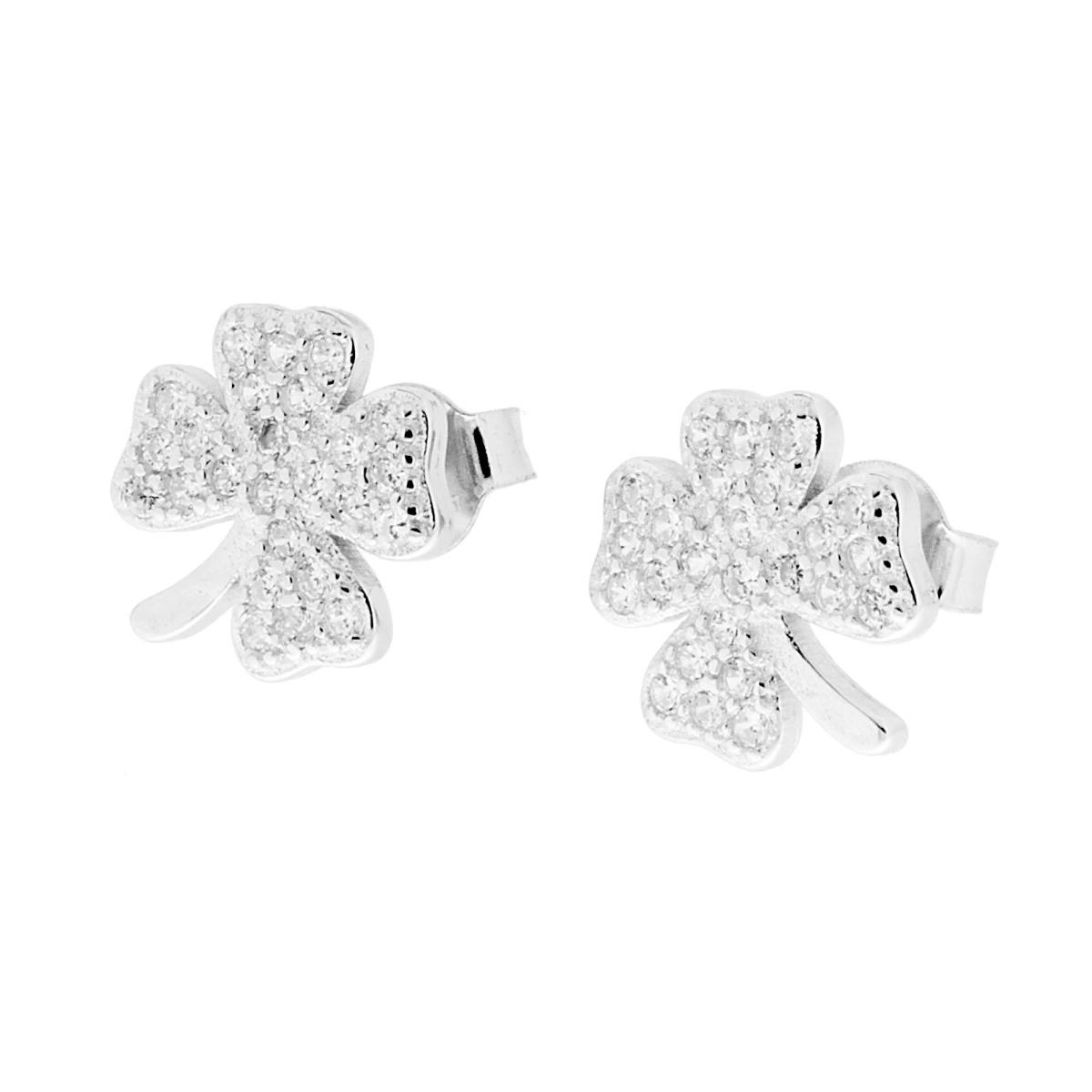 Orecchini Quadrifoglio con Zirconi Bianchi in ARGENTO 925 Galvanica Rodio