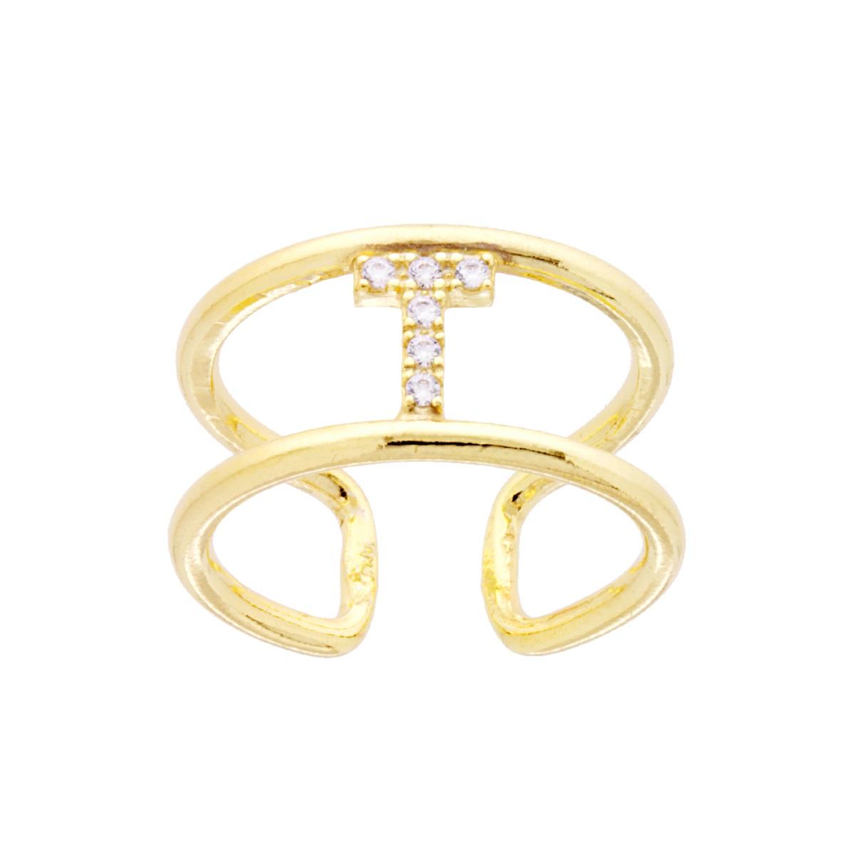 Anello Fascione a Doppio Gambo con Lettera Iniziale Nome con Zirconi Bianchi in ARGENTO 925 Galvanica Oro