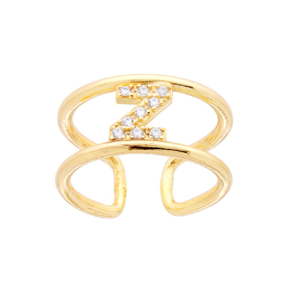 Anello Fascione a Doppio Gambo con Lettera Iniziale Nome con Zirconi Bianchi in ARGENTO 925 Galvanica Oro