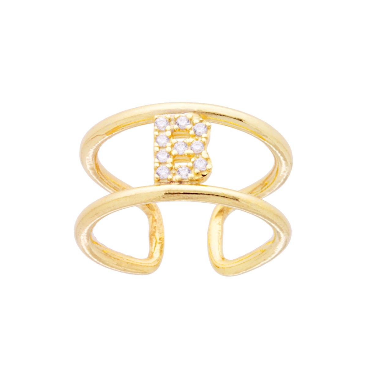 Anello Fascione a Doppio Gambo con Lettera Iniziale Nome con Zirconi Bianchi in ARGENTO 925 Galvanica Oro