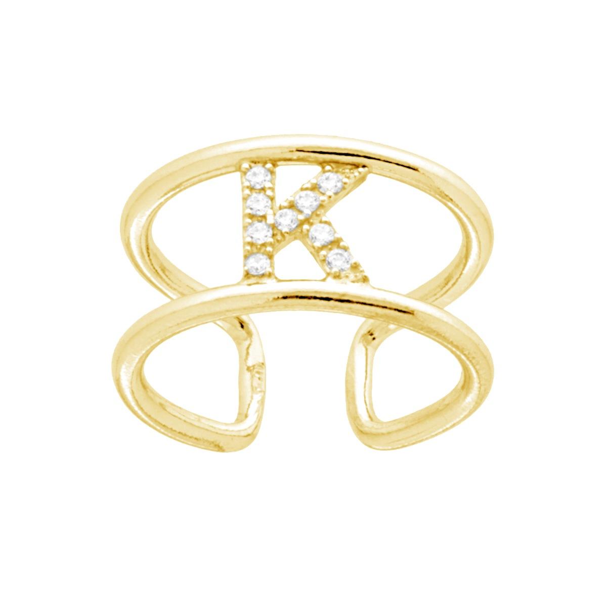 Anello Fascione a Doppio Gambo con Lettera Iniziale Nome con Zirconi Bianchi in ARGENTO 925 Galvanica Oro