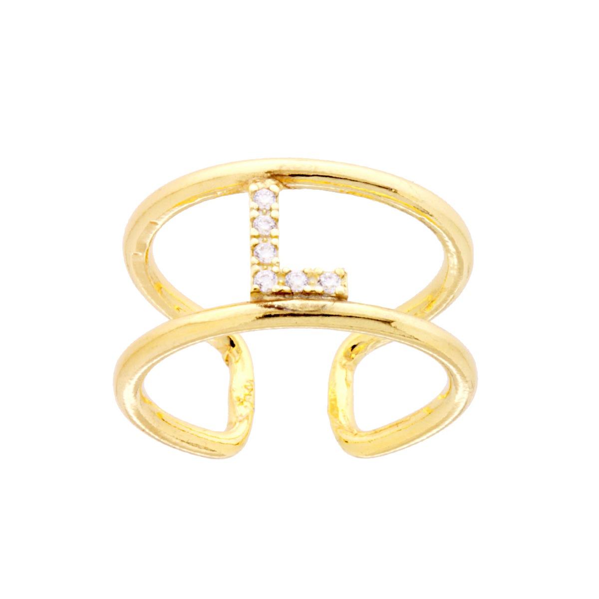 Anello Fascione a Doppio Gambo con Lettera Iniziale Nome con Zirconi Bianchi in ARGENTO 925 Galvanica Oro